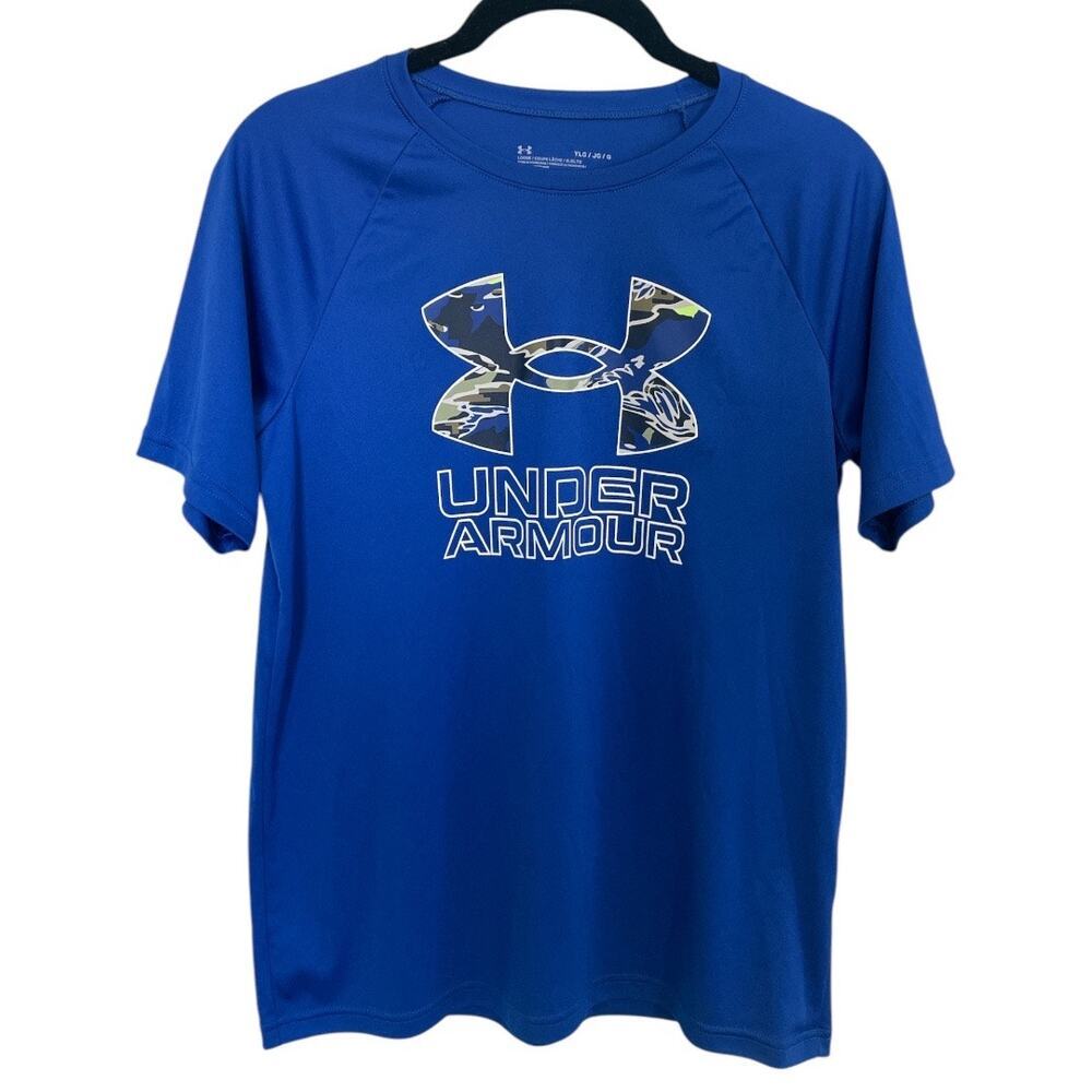Under Armour Boys Tech Hybrid Print Fill Short Sleeve T-Shirt Blue Large Camo